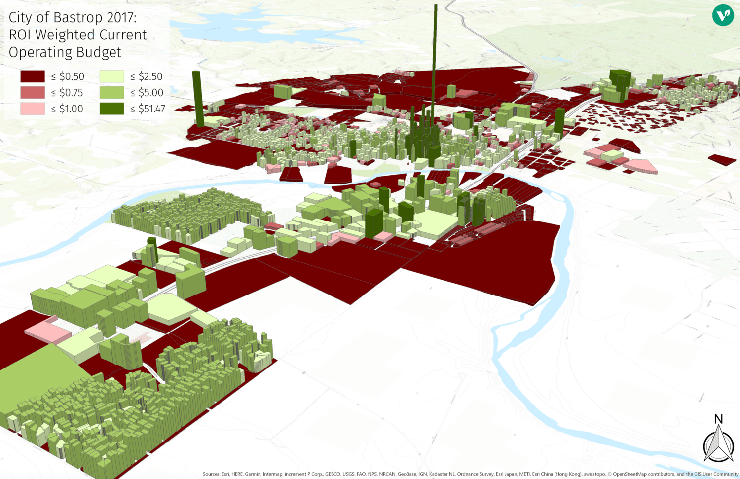 Figure 4 (Click to View Larger):  A weighted ROI map for Bastrop’s existing development, relative to its current operating budget. Numbers below $1.00 (red) indicate the City is losing money by serving these properties. A property with a value greater than $1.00 (green )  generates more revenue than the City spends to serve it.  The more compact development pattern of Bastrop’s downtown performs significantly better than the rest of the city.  (Image: Felix Landry/Verdunity)